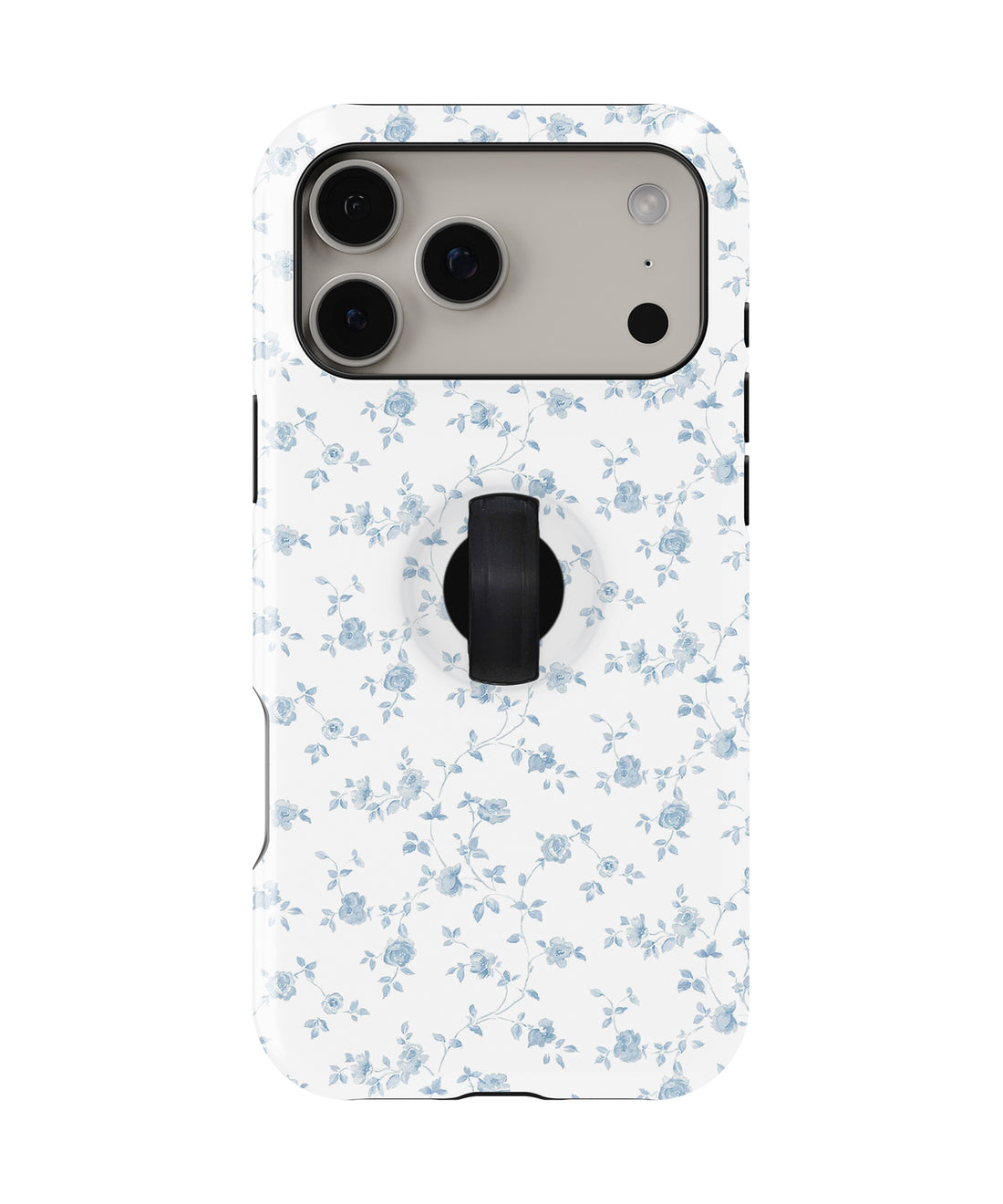 Powder Blue Ditsy Floral MagSafe Loop iPhone Case with built-in finger loop closed