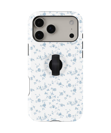Powder Blue Ditsy Floral MagSafe Loop iPhone Case with built-in finger loop closed