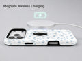 Powder Blue Ditsy Floral MagSafe Loop iPhone Case shown with a MagSafe-compatible wireless charger attached