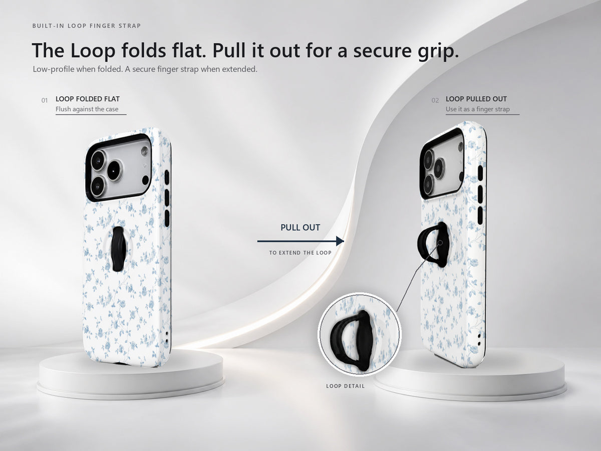 Powder Blue Ditsy Floral MagSafe Loop iPhone Case side view showing the built-in finger loop