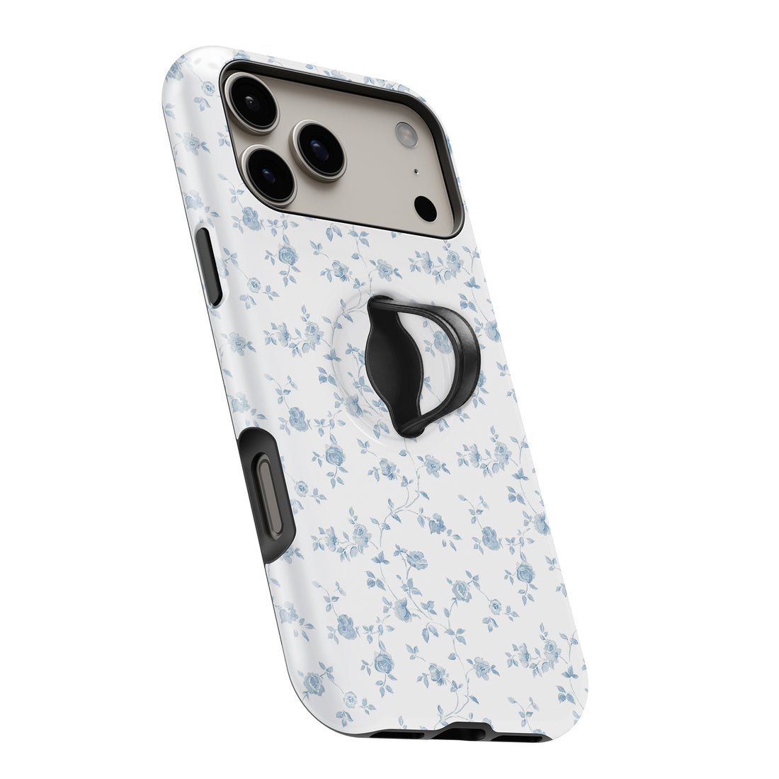 Powder Blue Ditsy Floral MagSafe Loop iPhone case with built-in finger loop open
