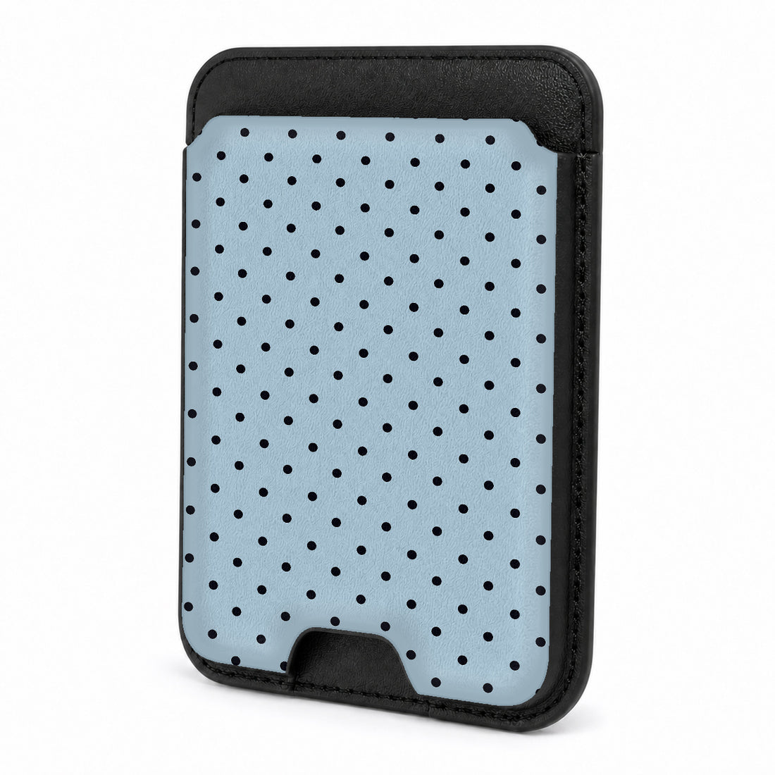 Front view of the Powder Blue Mini Polka Dot MagSafe card holder on a white background