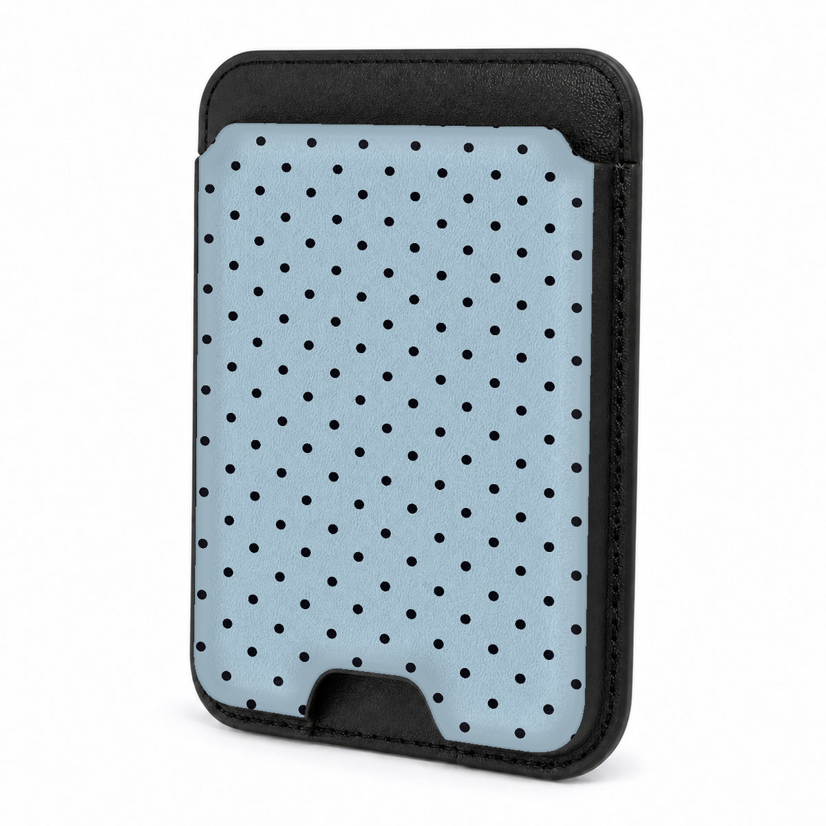 Front view of the Powder Blue Mini Polka Dot MagSafe card holder on a white background