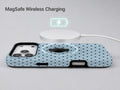 Powder Blue Mini Polka Dot MagSafe Loop iPhone Case shown with a MagSafe-compatible wireless charger attached