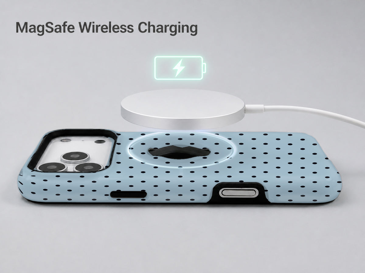 Powder Blue Mini Polka Dot MagSafe Loop iPhone Case shown with a MagSafe-compatible wireless charger attached