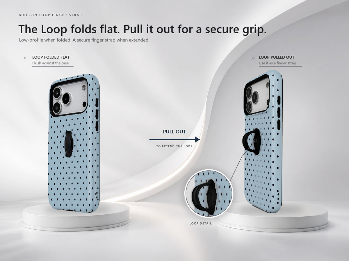 Powder Blue Mini Polka Dot MagSafe Loop iPhone Case side view showing the built-in finger loop