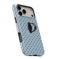 Powder Blue Mini Polka Dot MagSafe Loop iPhone case with built-in finger loop open