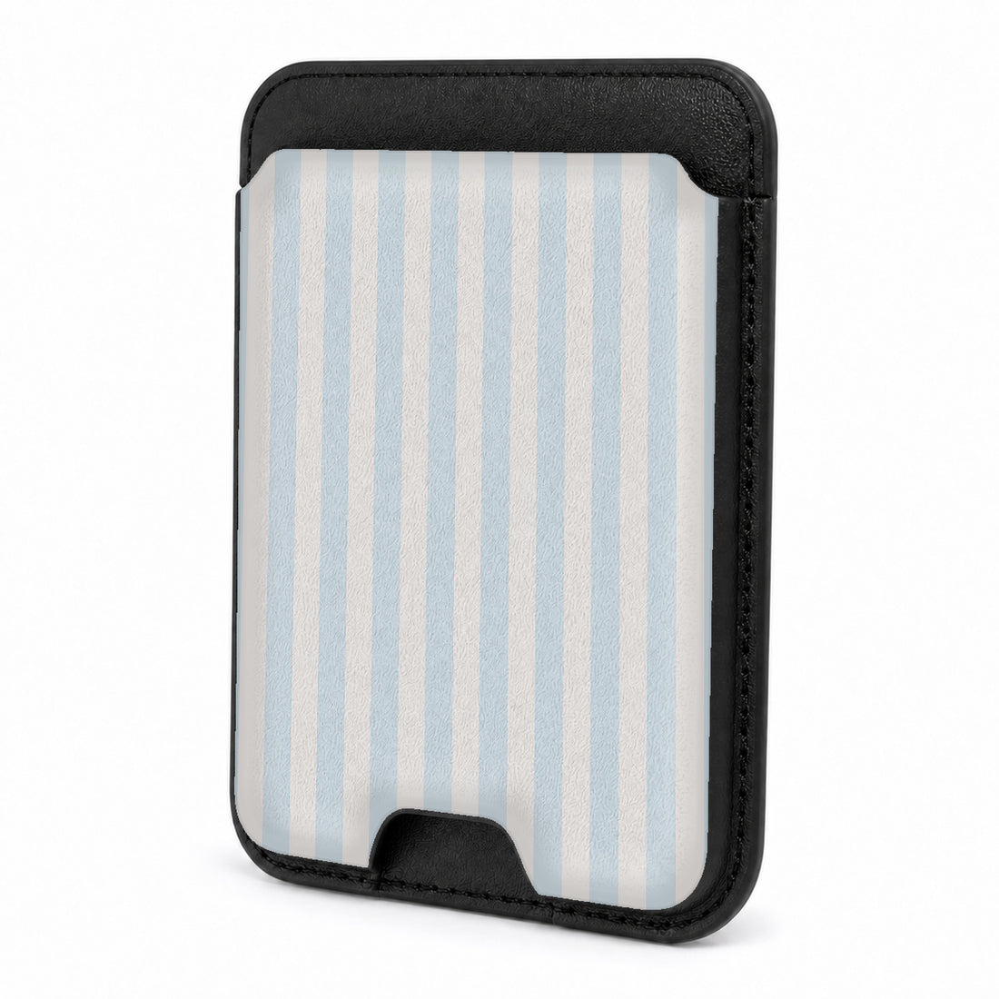 Front view of the Powder Blue Pinstripe MagSafe card holder on a white background