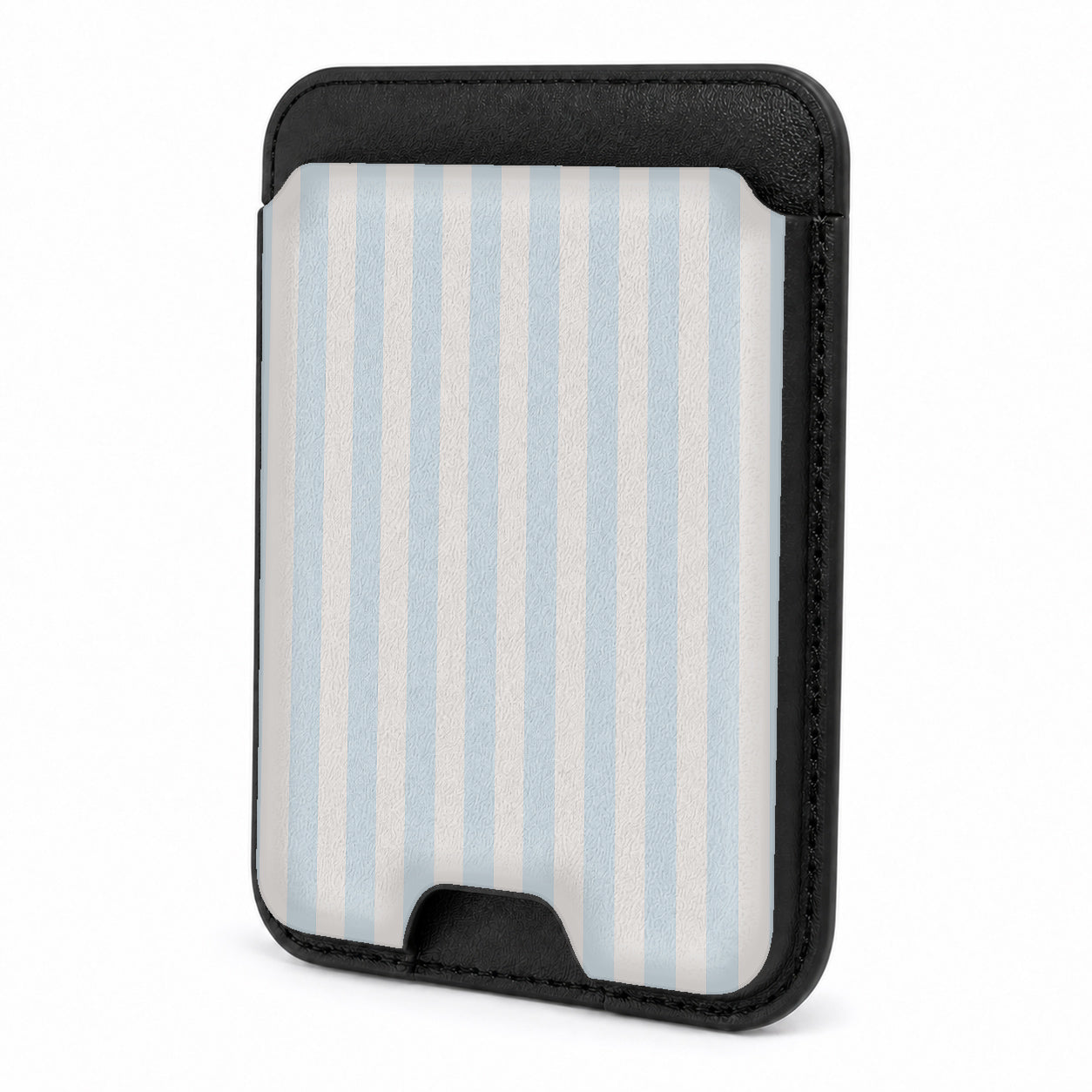 Front view of the Powder Blue Pinstripe MagSafe card holder on a white background