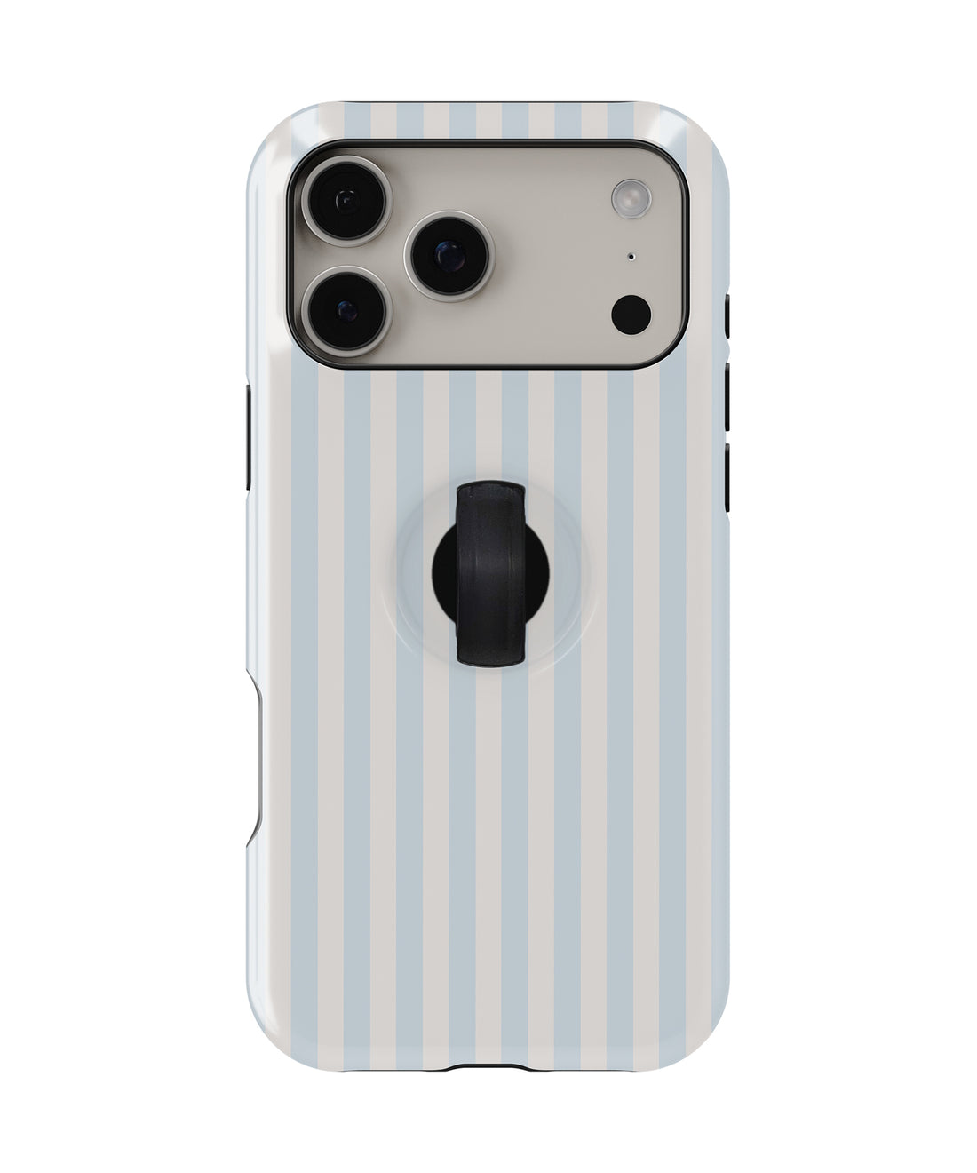 Powder Blue Pinstripe MagSafe Loop iPhone Case with built-in finger loop closed