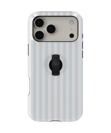Powder Blue Pinstripe MagSafe Loop iPhone Case with built-in finger loop closed