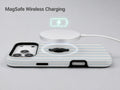 Powder Blue Pinstripe MagSafe Loop iPhone Case shown with a MagSafe-compatible wireless charger attached