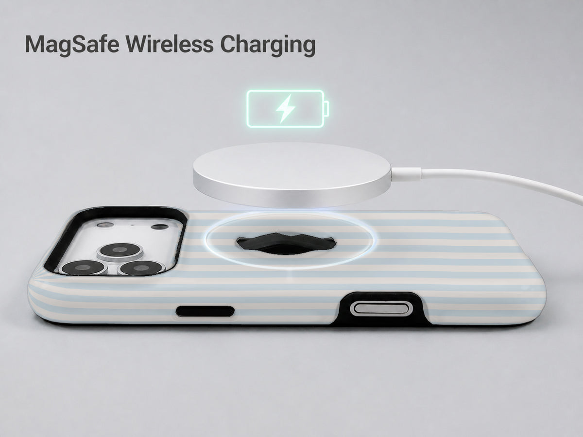 Powder Blue Pinstripe MagSafe Loop iPhone Case shown with a MagSafe-compatible wireless charger attached