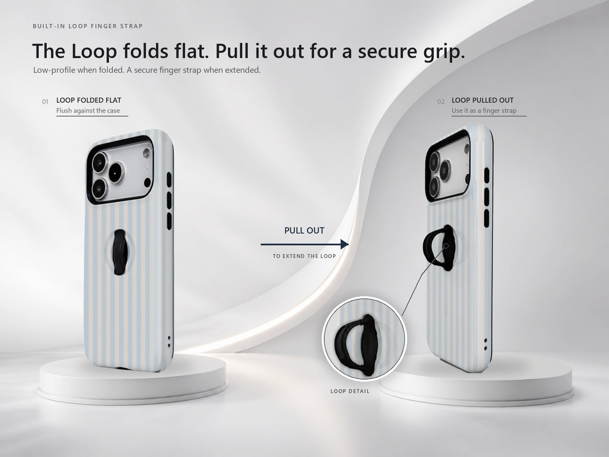 Powder Blue Pinstripe MagSafe Loop iPhone Case side view showing the built-in finger loop