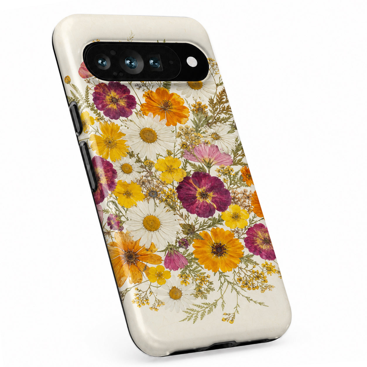 Pressed Daisy Wildflower Bouquet Google Pixel case with botanical flowers and leaves