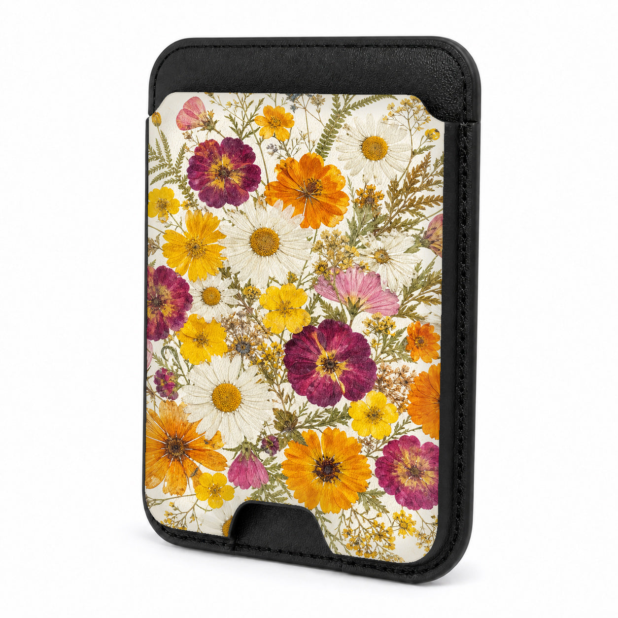 Front view of the Pressed Daisy Wildflower Bouquet MagSafe card holder on a white background