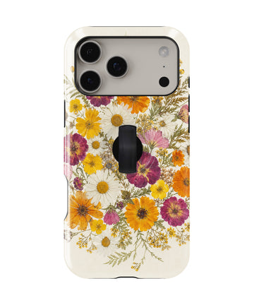 Pressed Daisy Wildflower Bouquet MagSafe Loop iPhone Case with built-in finger loop closed