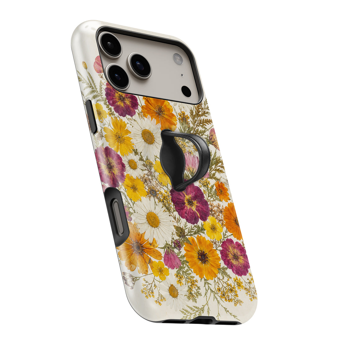 Pressed Daisy Wildflower Bouquet MagSafe Loop iPhone case with built-in finger loop open