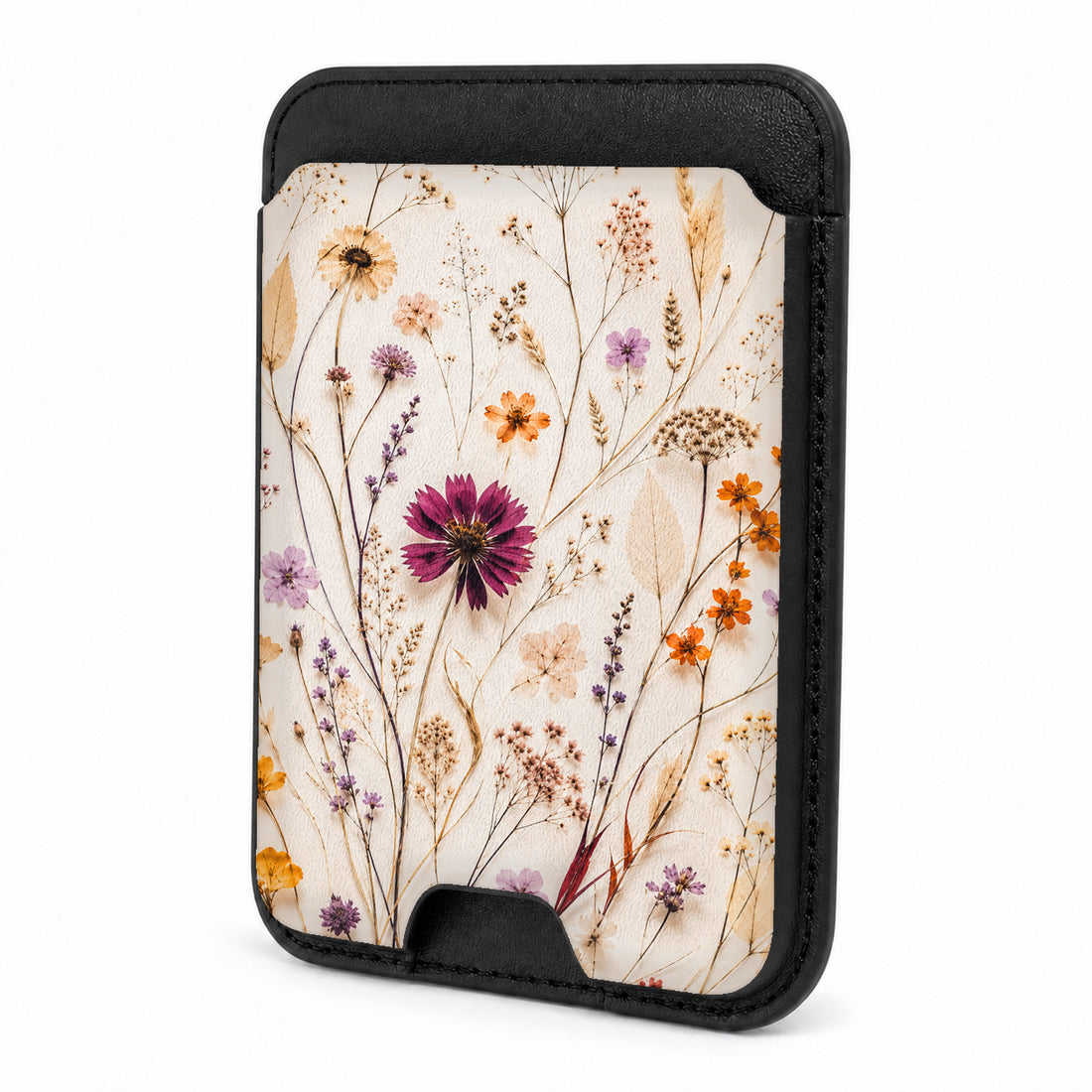 Front view of the Pressed Wildflower Bouquet MagSafe card holder on a white background