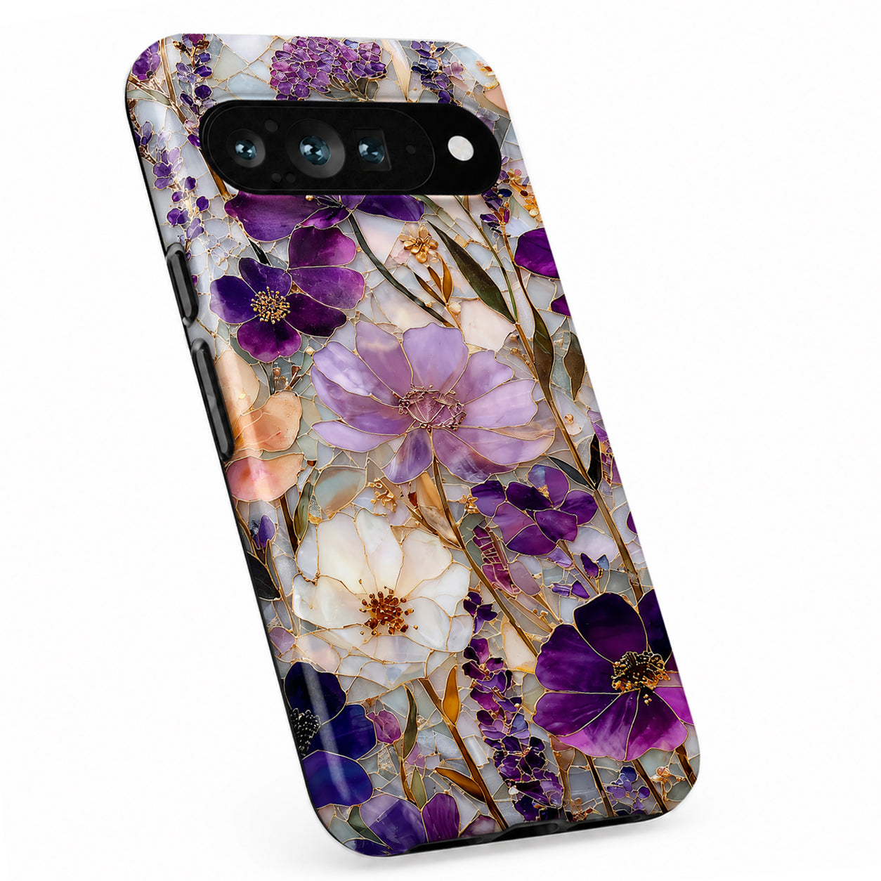 Purple Pressed Flower Garden Google Pixel case with botanical flowers and leaves