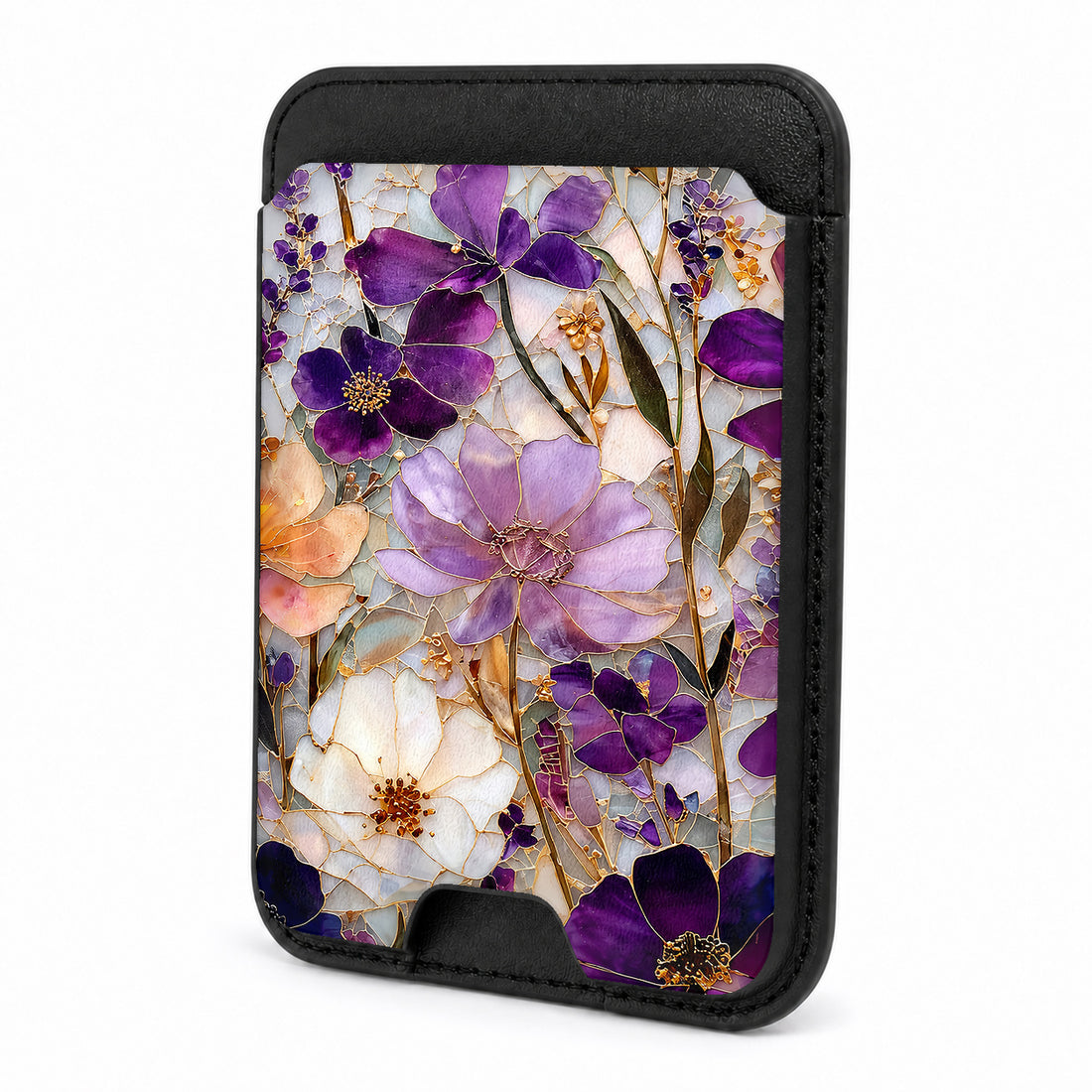 Front view of the Purple Pressed Flower Garden MagSafe card holder on a white background