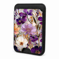 Front view of the Purple Pressed Flower Garden MagSafe card holder on a white background