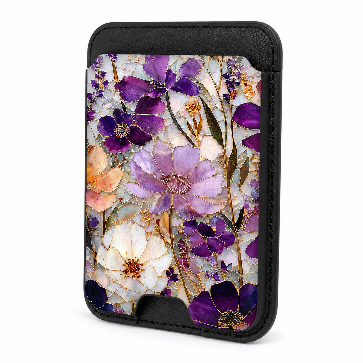 Front view of the Purple Pressed Flower Garden MagSafe card holder on a white background