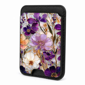 Front view of the Purple Pressed Flower Garden MagSafe card holder on a white background