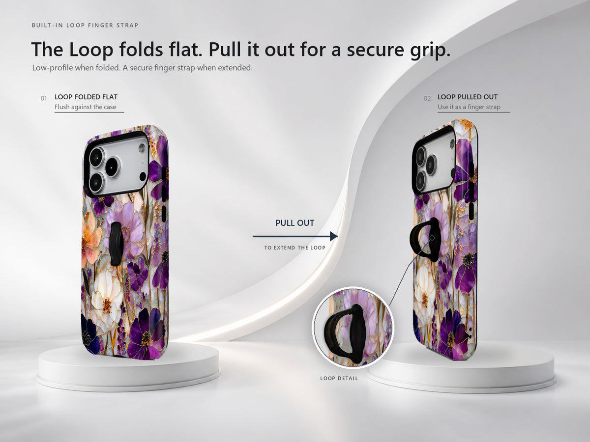 Purple Pressed Flower Garden MagSafe Loop iPhone Case side view showing the built-in finger loop