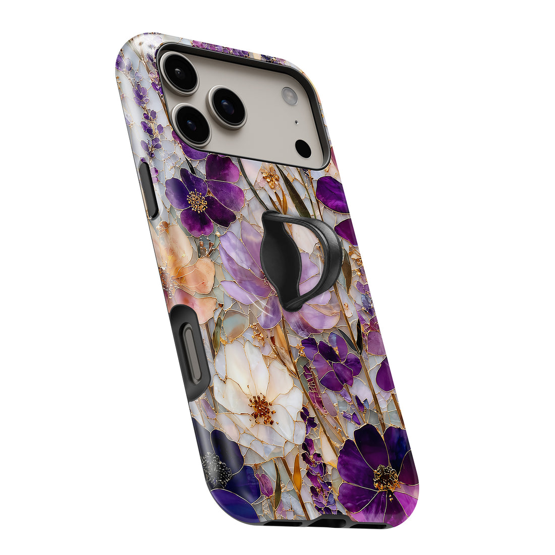 Purple Pressed Flower Garden MagSafe Loop iPhone case with built-in finger loop open