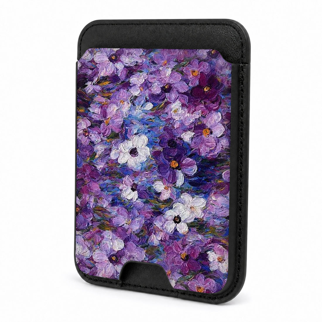 Front view of the Purple Watercolor Flower Field MagSafe card holder on a white background