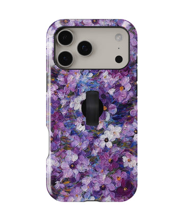 Purple Watercolor Flower Field MagSafe Loop iPhone Case with built-in finger loop closed