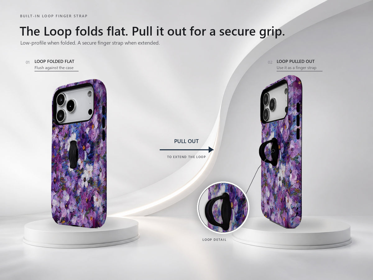 Purple Watercolor Flower Field MagSafe Loop iPhone Case side view showing the built-in finger loop