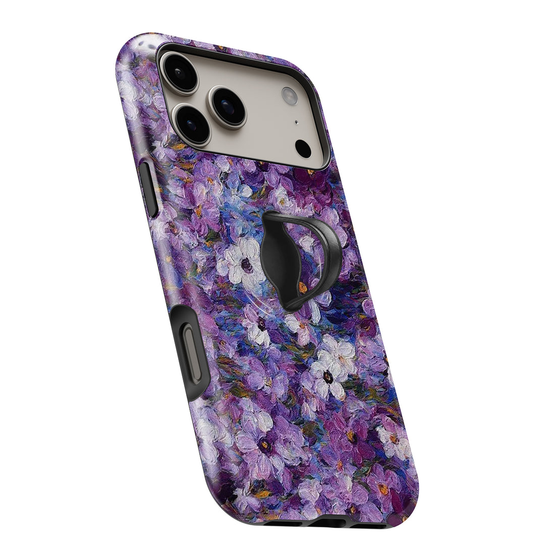 Purple Watercolor Flower Field MagSafe Loop iPhone case with built-in finger loop open
