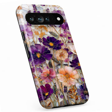 Purple Wildflower Glass Garden Google Pixel case with botanical flowers and leaves