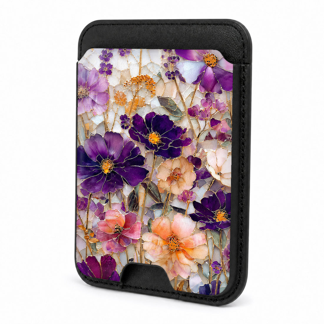 Front view of the Purple Wildflower Glass Garden MagSafe card holder on a white background