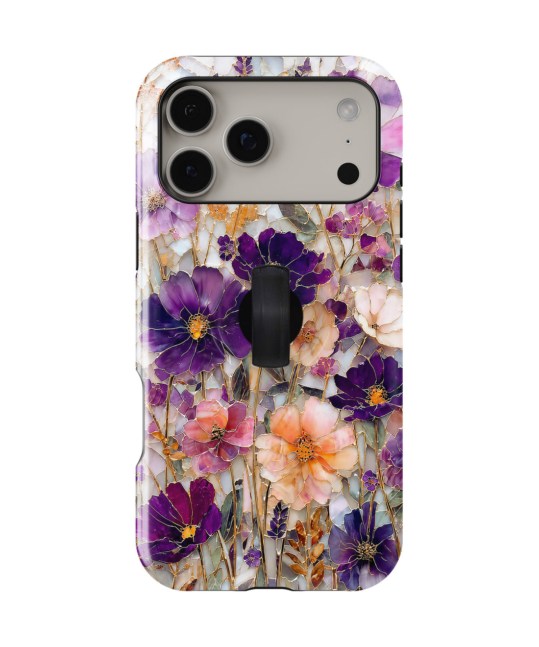 Purple Wildflower Glass Garden MagSafe Loop iPhone Case with built-in finger loop closed