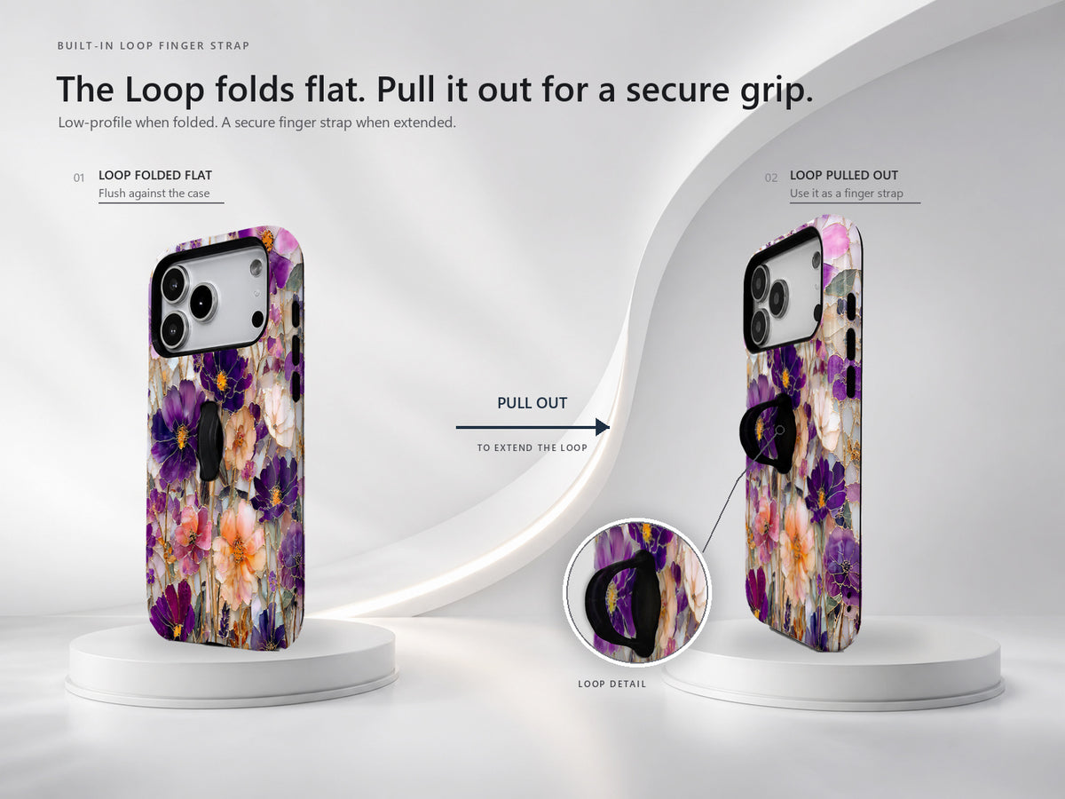 Purple Wildflower Glass Garden MagSafe Loop iPhone Case side view showing the built-in finger loop