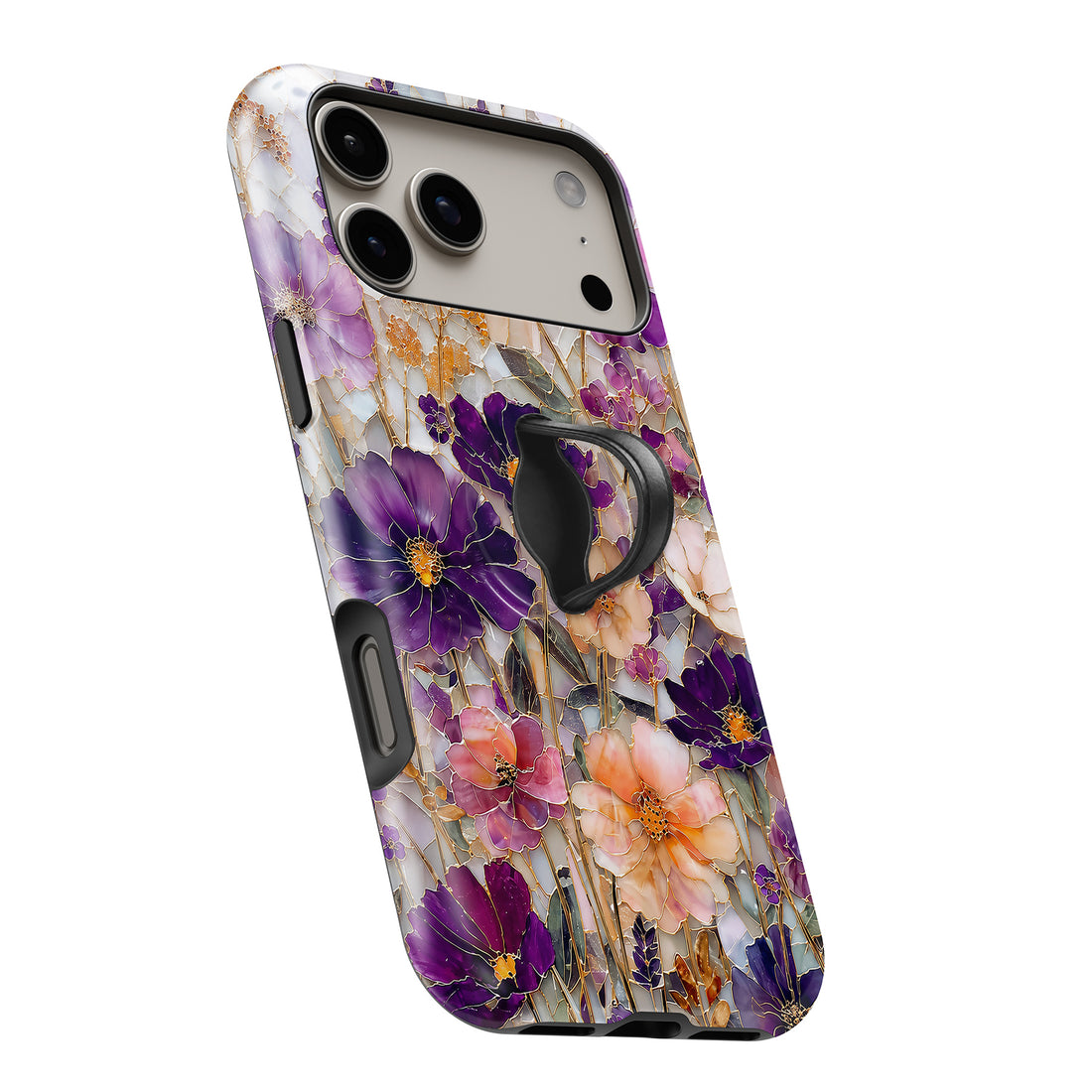 Purple Wildflower Glass Garden MagSafe Loop iPhone case with built-in finger loop open
