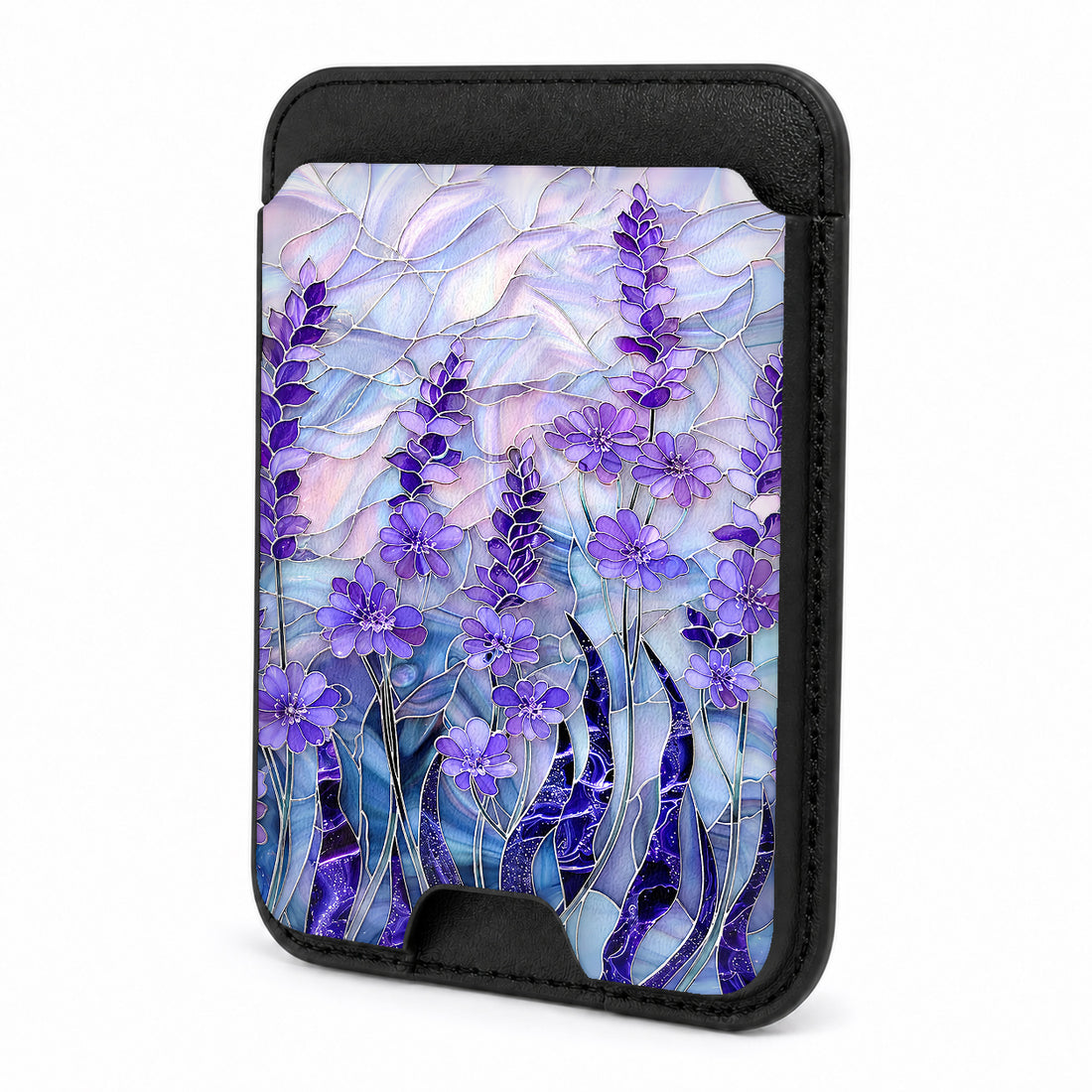 Front view of the Purple Wisteria Garden MagSafe card holder on a white background