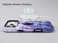 Purple Wisteria Garden MagSafe Loop iPhone Case shown with a MagSafe-compatible wireless charger attached