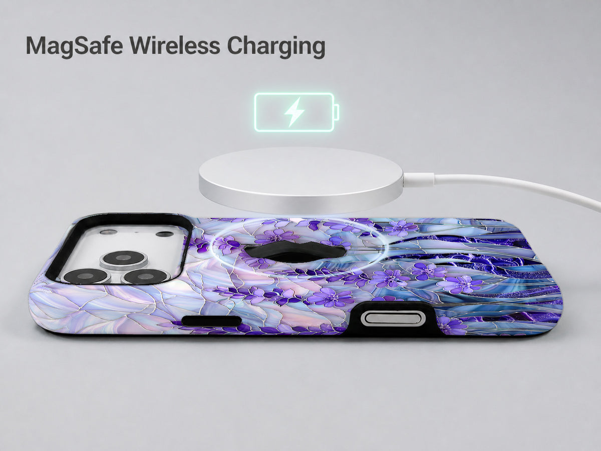 Purple Wisteria Garden MagSafe Loop iPhone Case shown with a MagSafe-compatible wireless charger attached