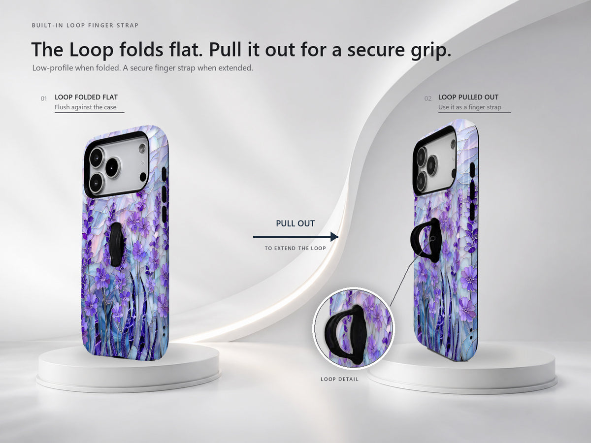 Purple Wisteria Garden MagSafe Loop iPhone Case side view showing the built-in finger loop