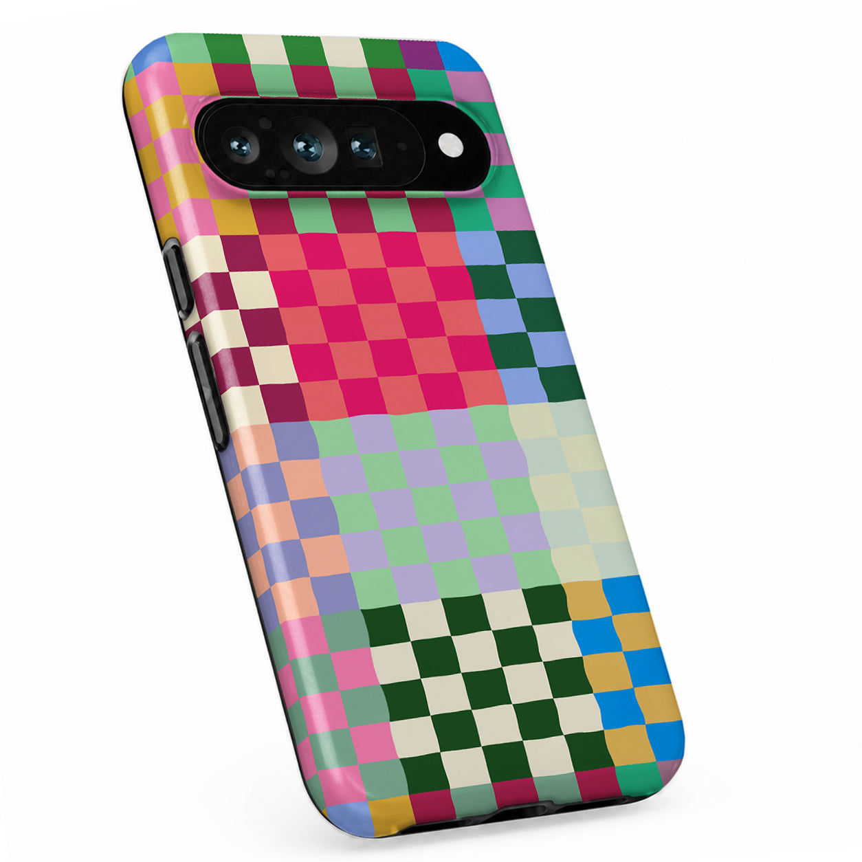 Rainbow Checkerboard Patchwork Google Pixel case with repeating checkerboard blocks