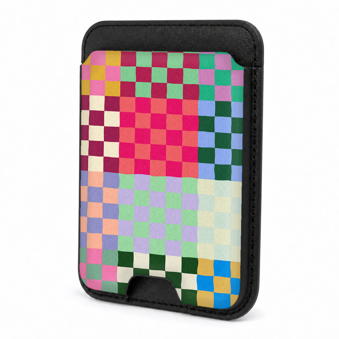 Front view of the Rainbow Checkerboard Patchwork MagSafe card holder on a white background