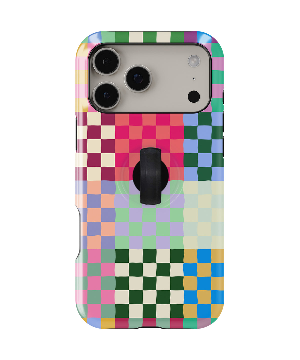 Rainbow Checkerboard Patchwork MagSafe Loop iPhone Case with built-in finger loop closed