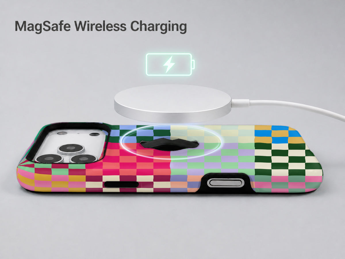 Rainbow Checkerboard Patchwork MagSafe Loop iPhone Case shown with a MagSafe-compatible wireless charger attached