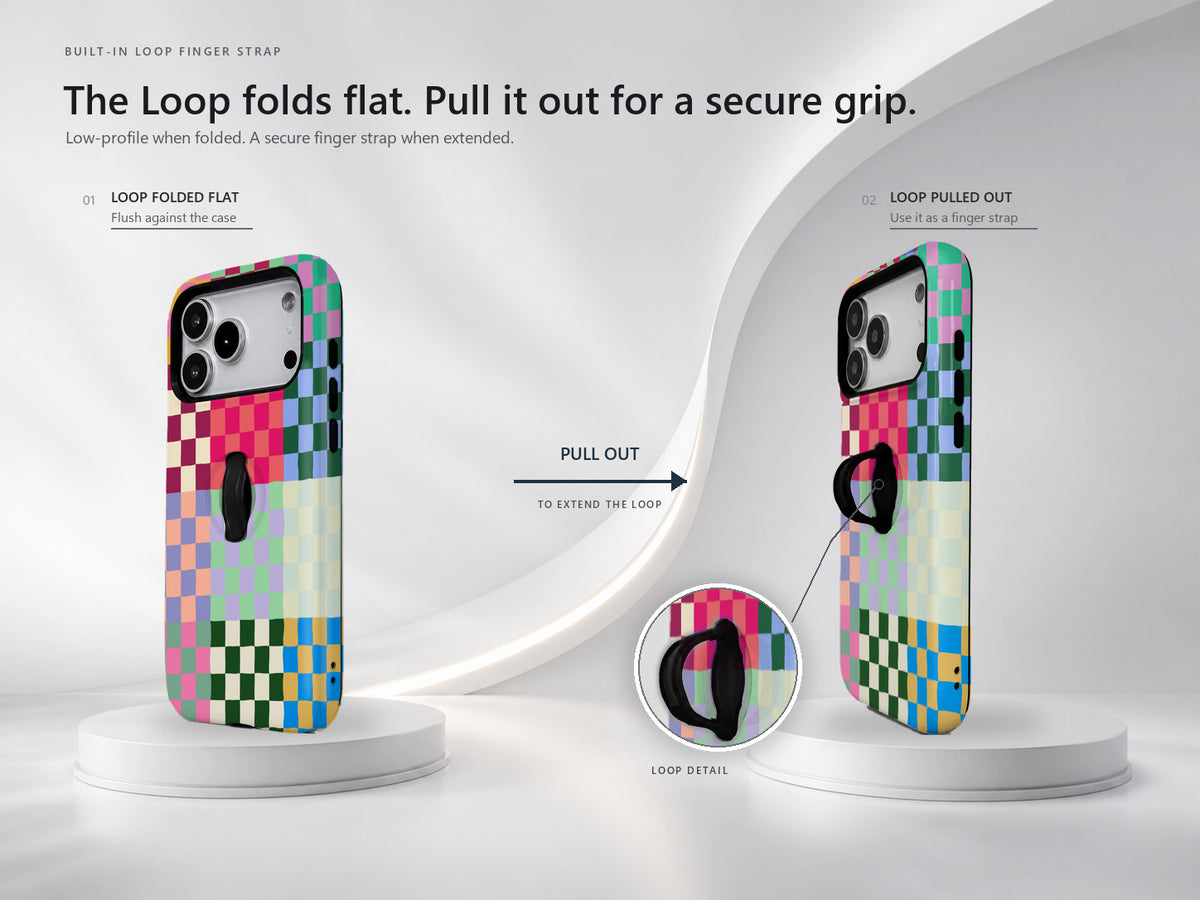 Rainbow Checkerboard Patchwork MagSafe Loop iPhone Case side view showing the built-in finger loop