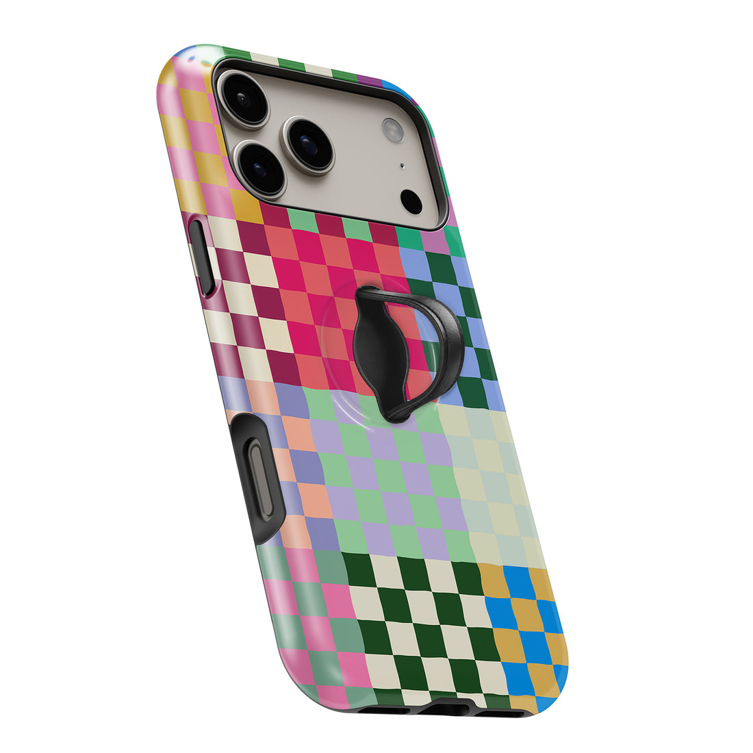 Rainbow Checkerboard Patchwork MagSafe Loop iPhone case with built-in finger loop open