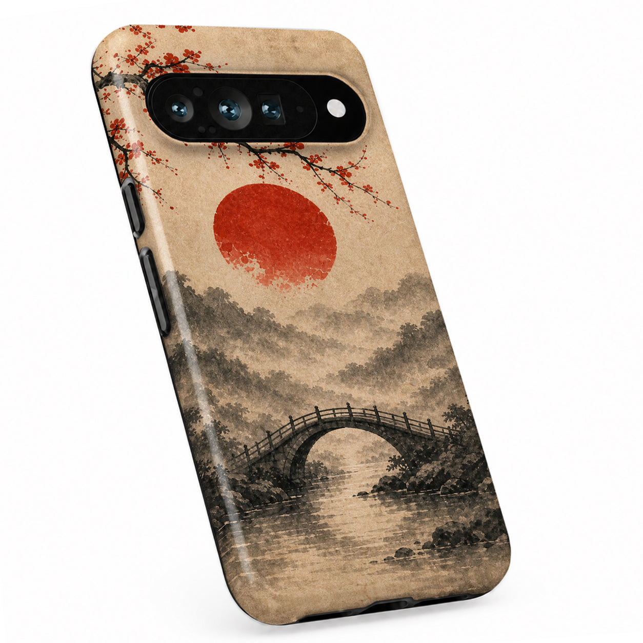 Red Sun Mountain Bridge Google Pixel case with illustrated scenic artwork